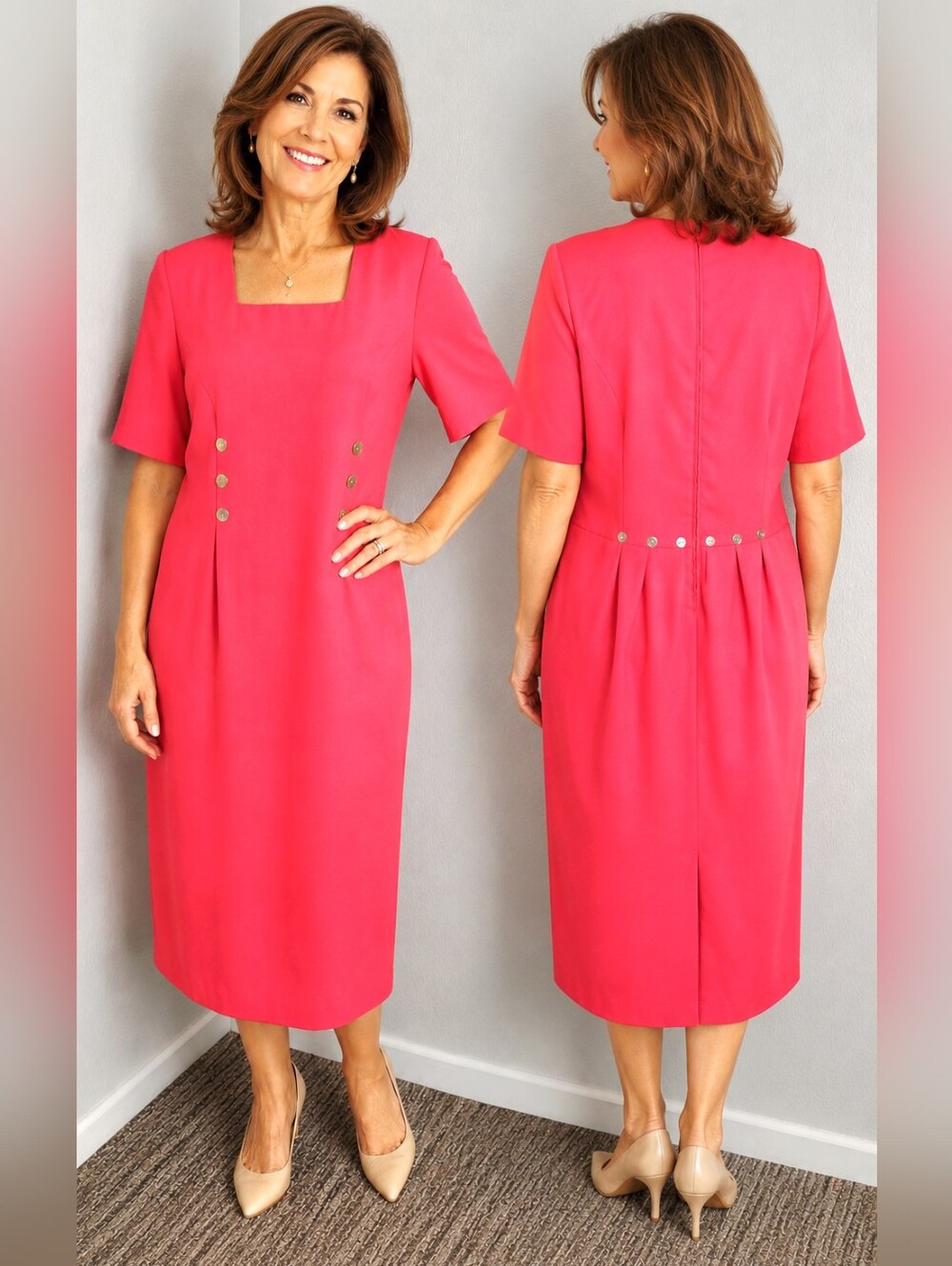 Betsy's Things Coral Square-Neck Midi-Dress with Accent Buttons, Size 16